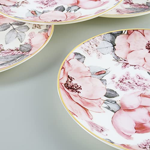 Fanquare 8" Bone China Salad Plates With Gold Trim, Pink Floral Pasta Bowls Set Of 4, Porcelain Dessert Plates, British Lunch Plates #TOP2