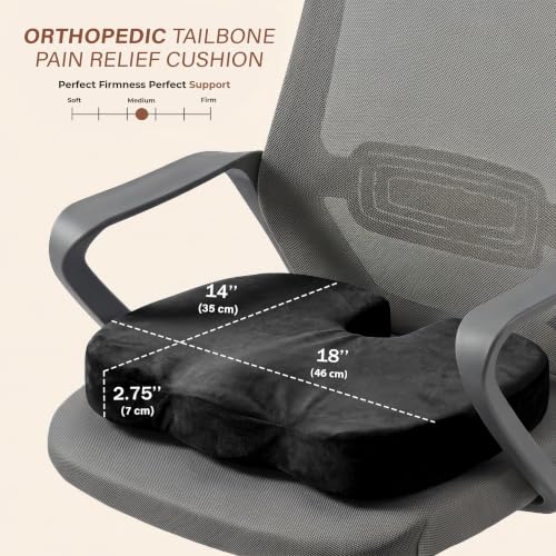 Image of Orthopaedic Memory Foam Coccyx Seat Cushion for Office /Home Chairs | (2 Year Warranty)-(18 inchx14 inchx3 inch) Tailbone & Sciatica Relief, Extra Support for Long Sitting,Non-Slip, Velvet Black