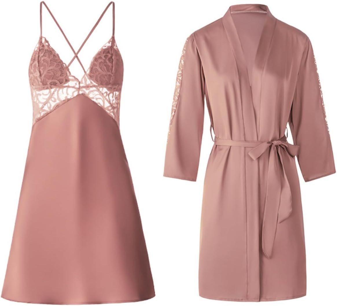 ALCEA ROSEA Women's Silky Lingerie Set Sexy Lace Babydoll Chemise Nightgown Kimono Bridesmaid Satin Robe Set 3968