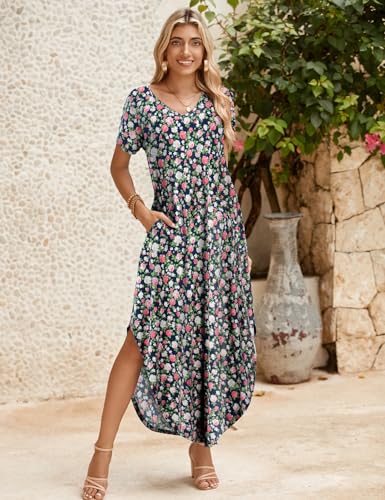 Image of JollieLovin Womens Plus Size Casual Summer Maxi Long Dress Short Sleeve T-Shirt Loose Sun Dress(L-5X)