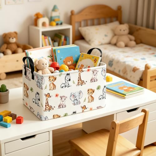 Image of Rectangular Safari Animal Laundry Storage Bin for Adults and Kids | Damp resistant canvas fabric, sturdy stitched carry handles, foldable design organizes closet and playroom daily supplies