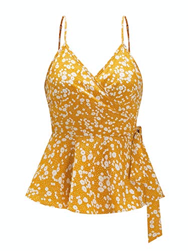 SheIn Women s V Neck Sleeveless Camisole Floral Tie Side Ruffle Wrap Cami Top Yellow Large