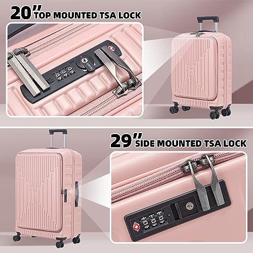 Image of Kaleenie 2 Pieces 20 /29 Luggage Sets, 20 Inch Cabin Luggage with Front Pocket & 29 Inch Side Opening Suitcase, Ligthweight ABS+PC Hardshell, Pink