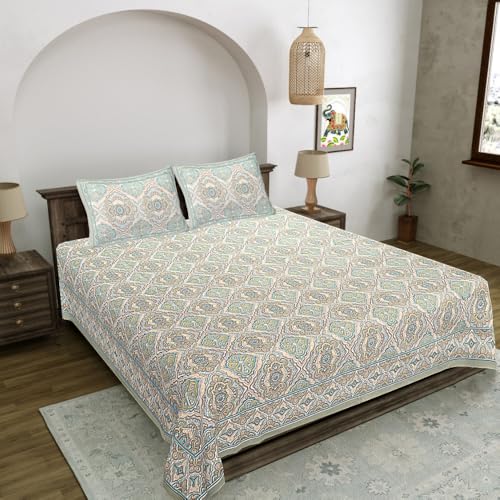 Image of Living Roots Jaipuri Hand Block Print Double Cotton Bedsheet & 2 Pillow Covers, for Mattress Upto 8 inches Thick, No Colour Bleeding, Green Colour, Super King Size 96 * 104 inches, 150TC (579-B)
