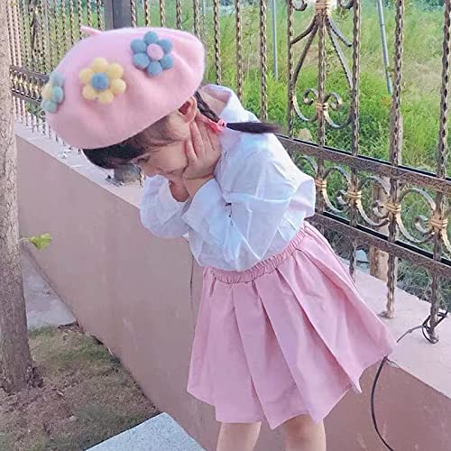 Fashion Three Flowers Children Girls Octagonal Hat Warm Wild Painter Hat Daughter for Birthday Festival Photo Pink2