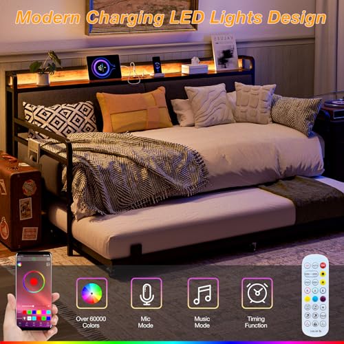 IKIFLY Twin XL Daybed with Trundle and Storage Headboard, Upholstered Sofa Platform Bed Frame with LED Lights & Charging Station, Steel Slats Support, for Living Room, Bedroom and Guest Room, Black