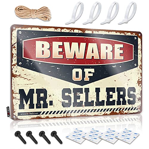 FLEZONITE Letrero de metal con texto en inglés «Beware Of Mr. Sellers» para exteriores (30 x 40 cm)