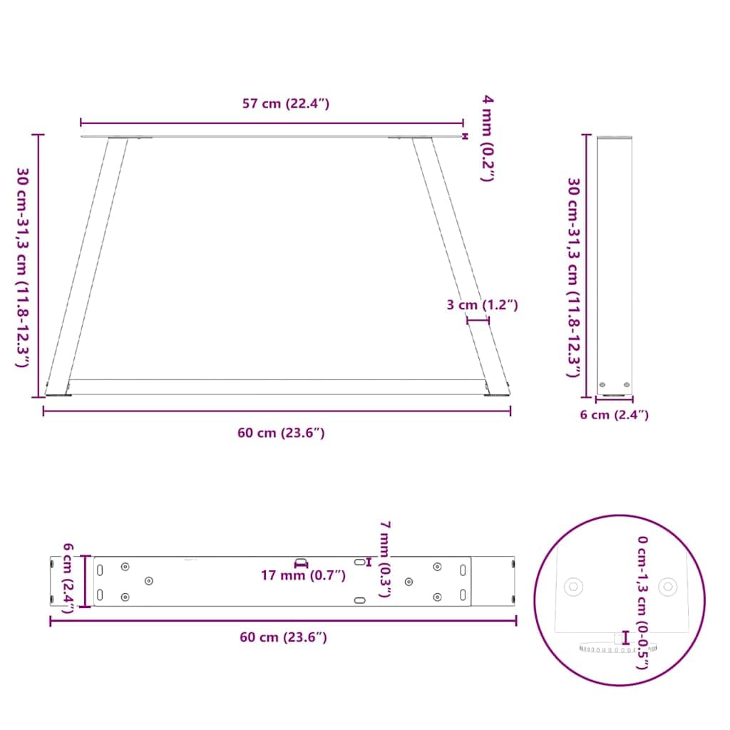Nogi stolika kawowego w kształcie litery V, 2 sztuki, antracytowa, malowana proszkowo, stal 60 x (30-31,3) cm, z regulowaną wysokością, do salonu, biura, rama meblowa "zrób to sam", wytrzymała