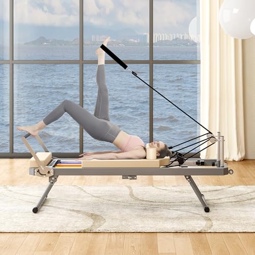 GOWE Pilates Reformer Machine for Home Gym Workout, Foldable Pilates Equipment with High Strength Alloy Springs for Beginners, Up to 330lbs,Beige