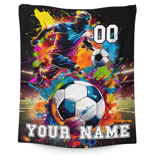 Custom Soccer Blanket Gifts for Kids Boys, Personalized 50x40 Inches Small Soft Fuzzy Warm Soccer Stuffed Throws Blankets for Couch Travel Sofa All Seasons