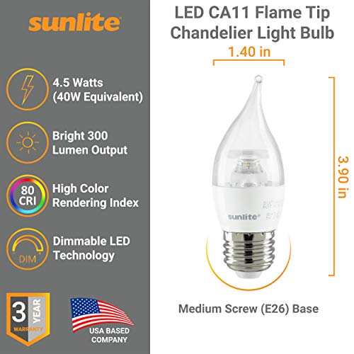 Sunlite 80479-Su Ca11 Flame Tip Chandelier Light Bulb, 27K Â€“ Warm White, 4.5 Watts (40W Equivalent), 300 Lumens, Medium (E26) Base, Dimmable, Energy Star Certified, 1 Pack #TOP1