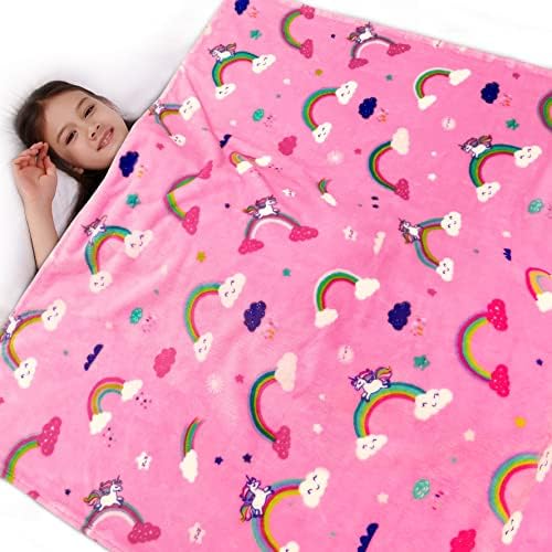 Lukeight Unicorns Rainbow Blanket for Girls, Unicorns Gifts for Girls, Soft Unicorns Kids Blanket for Birthday, Pink Girls Blanket with Vibrant Colors, Rainbow Throw Blanket, 50x60 Inches