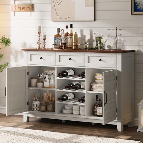 CABIHOME Farmhouse 53.5'' Buffet Cabinet with Storage, 36'' Tall Wood Rustic Sideboard with 3 Drawer, Reversible Wine Rack and Adjustable Shelf, Coffee Bar for Dining Room, Kitchen, Living Room, White