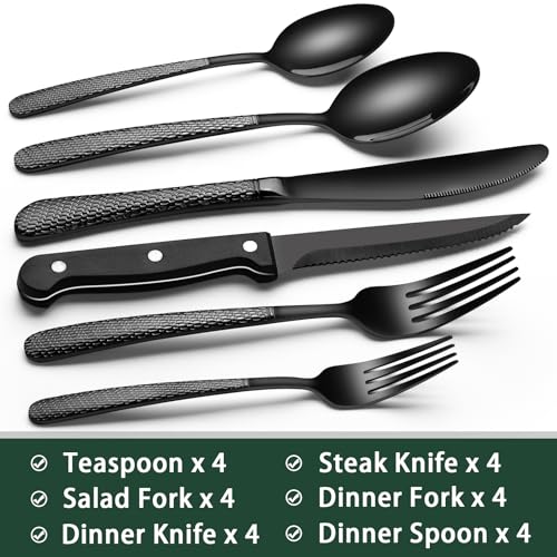 Image of EWFEN 24-Piece Black Silverware Set with Steak Knives, Black Flatware Set for 4, Food-Grade Stainless Steel Tableware Cutlery Set, Mirror Finished Utensil Sets for Home Restaurant, Round Hammered
