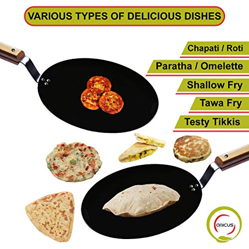 Image of amicus Pure Iron Tawa for Roti Chapati Omelette Concave Iron Tava with Wooden Handle 9 Inch 1 Kg Black Food Grade Smooth 100% Multipurpose Tawa