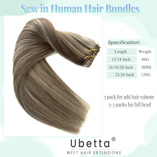 Image of Sew in Hair Extensions Real Human Hair, 120g 24 Inch Weft Hair Extensions Remy Real Human Hair Ash Brown Balayage Ash Blonde Highlights Human Hair Weave Bundles Full Head Straight Hair Wefts