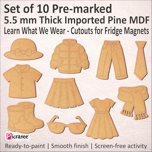 Image of Picrazee DIY Kit for Kids & Adults - What We Wear Fridge Magnet Painting Kit (10 Designs) | Ready-to-Paint 5.5 mm Thick Wooden DIY Craft Kit with Colors, Brushes & Magnets | Screen-Free Activity (What we Wear)