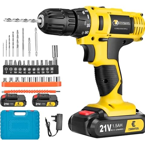 Conentool 21 V Cordless Screwdriver Set, Cordless Drill with 2 x 1500 mAh Batteries, 42 Nm Max Impact Drill, Torque on 18 + 1 Steps, Drill with 30 Pieces Accessories for Home and Garden DIY Project Cover
