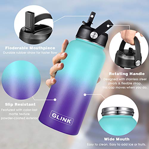 GLINK Stainless Steel Water Bottle with Straw - 32 oz Wide Mouth Double Wall Vacuum Insulated Water Bottle Leakproof, Straw Lid and Spout Lid with New Rotating Rubber Handle - Aurora - Thumbnail 6