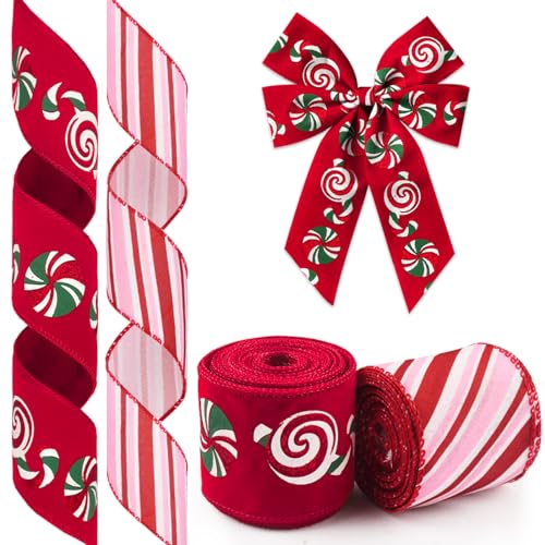 Glodecart 2 Rolls Christmas Ribbon for Wreath Bows Wrapping Gifts Red Pink Candy Cane Ribbon for Gift Wrapping Party Supplies Decoration DIY Crafts 2.5 X 10 Yard Wired Winter Christmas Wreath Ribbon