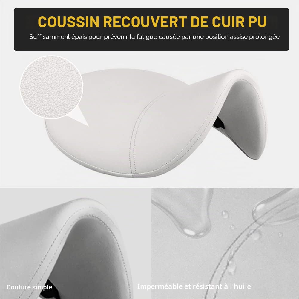 WKWKER Tabouret à roulettes Robuste avec roulettes hydrauliques pivotantes réglables - Tabouret Ergonomique en Cuir épais pour Cuisine, Dessin, Laboratoire, Bureau, Salon - Blanc