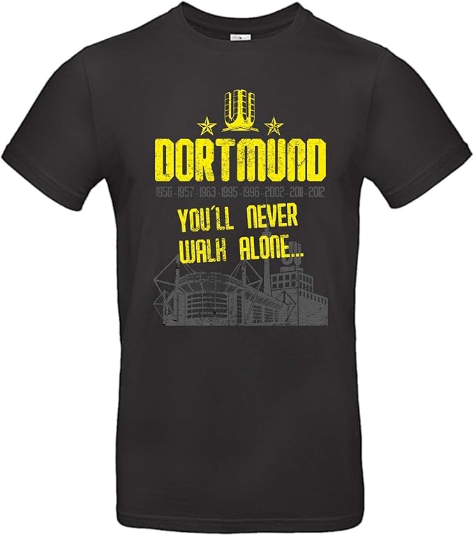 Herren T-Shirt Dortmund Youll Never Walk Alone YNWA Jahreszahlen Schwarz Gelb Ruhrpott Finale und Stadion aus Baumwolle Damen Unisex Pokal Farbe Schwarz Größe M
