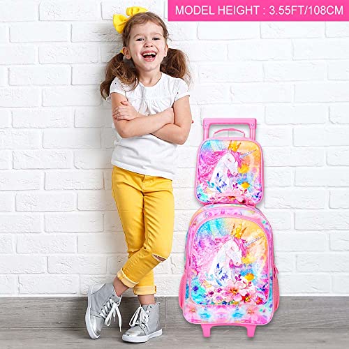 Kit Mochila Infantil Menina com Rodinha, 4 Peças Para Meninas Unicórnio Bolsa de Livro
