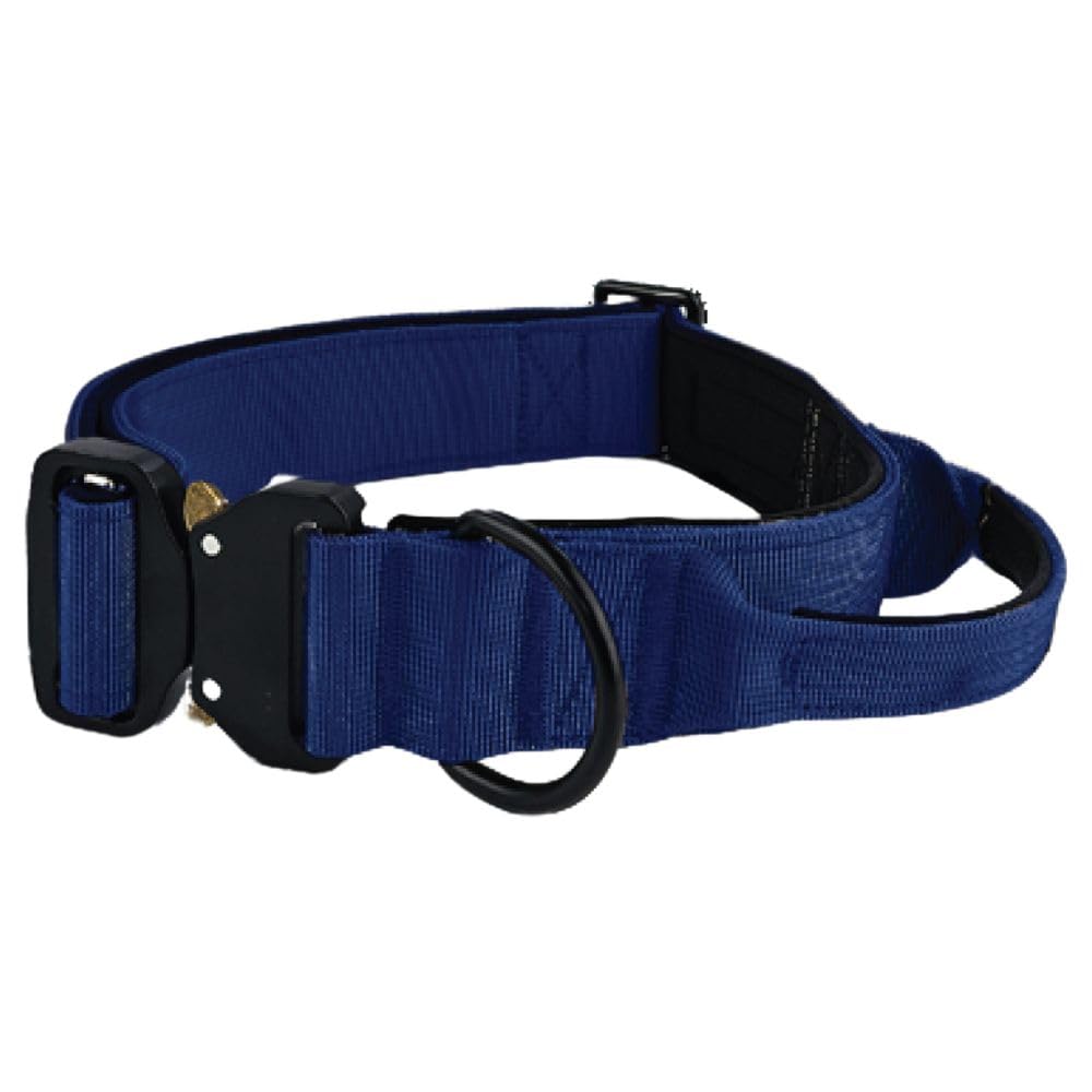 HugglePets Tactical K9 Endurance Dog Collar | Adjustable | Medium Navy Blue (46-66cm) | Soft Padded Handle Control Training | Quick Release Buckle & Heavy Duty D-Ring | For All Strong Dog Breeds