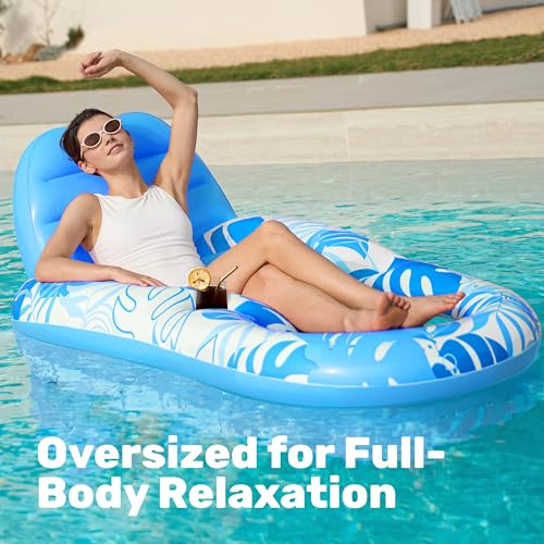 Sloosh Pool Lounge Float Adult, Inflatable Pool Floats Lounger Raft Floaties Water Floating Recliner Chair with Cup Holders Foot Rest Swimming Pool Floaty, Blue