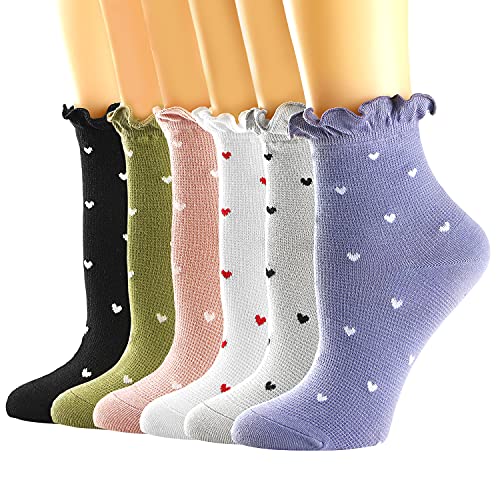 Women s Socks,Ruffle Ankle Socks Comfort Cool Thin Cotton Knit Low Cut Hearts Pattern Cute Socks For Women,6-pair Pack