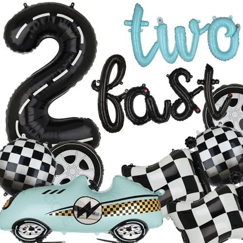 Two Fast Birthday Decorations 40 Inch Racetrack Number Balloons 2 Black Two Fast Letter Banner Balloon 2nd Racing Vintage Race Car Racing Theme Birthday Party Decor Set Black Blue by GGDE - Used condition - US$11.32