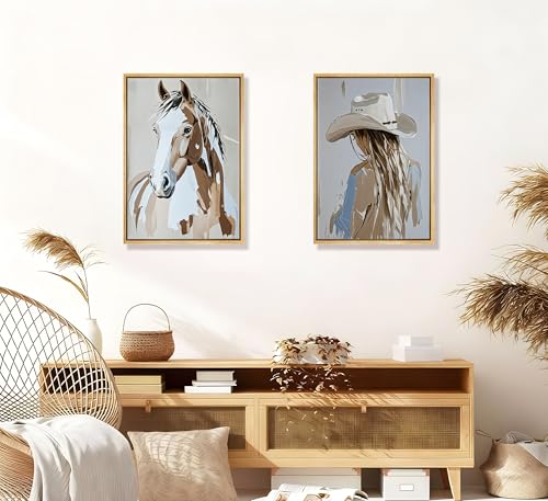 Image of FJKLRP 2pcs Western Cowboy Girl Wall Art with Hat Cowboy Girl and Horse Canvas Print Poster Western Oil Painting Style Decoration for Living Room Bedroom Home Wall Decor Unframed