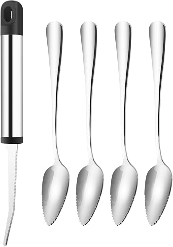 Cucharas y cuchillos de pomelo, 4 cucharas de acero inoxidable y 1 cuchillo curvado con borde dentado, juego de utensilios de frutas cítricas para
