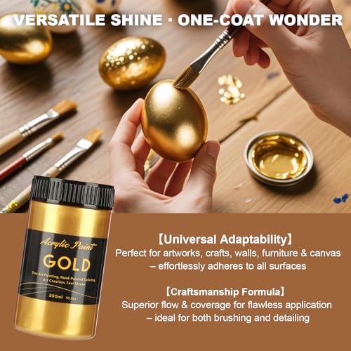 Image of 300ml Gold Metallic Acrylic Paint, Non Toxic Waterproof Gold Metallic Acrylic Paint for Fabric, Leather, Ceramic, Canvas, Rocks, Metal, Plastic, Glass