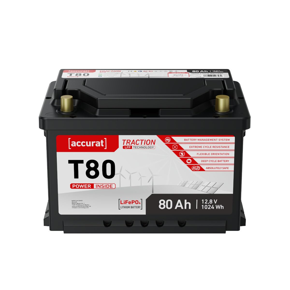 Accurat Traction T80 LiFePo4 Versorgungsbatterie, 80Ah, 12V, BMS, Camper | zyklenfest, flexibler Einbau, Deep Cycle Lithium Batterie für Camping, Wohnmobil, Wohnwagen, Boot, Marine, Solarbatterie