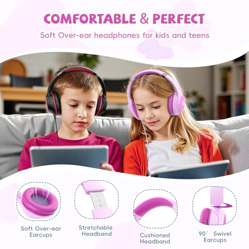 Image of USB C Headphones Wired for Kids, 85 /94dB Volume Limit With Mic, Rosy Pink | Kid Headphones for School, Wired Over Ear USBC Plug in Corded Headphones for Boys Girl Toddler, iPad, Tablet, Airplane Travel