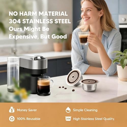 Stainless Steel Reusable Coffee Pod for Nespresso Vertuo Machines, 150ml Refillable VertuoLine Capsule with Silicone Lid, Spoon, Brush, Compatible with DeLonghi ENV135 & ENV150 Accessories - 2