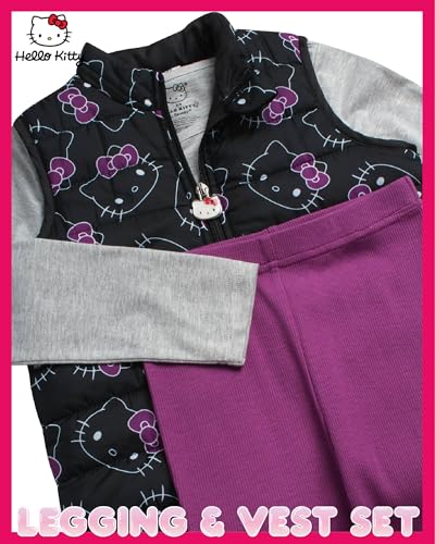 Image of Hello Kitty Girls' Pants Set - 3 Piece Zip Up Vest, Long Sleeve Graphic Shirt, Fleece Pants - Matching Set for Girls (2T-12), Size 8 /10, Black /Grey /Violet