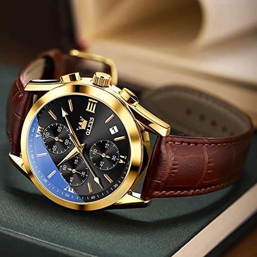 Image of OLEVS Men's Wrist Watch Waterproof Men Analog Quartz Lightweight Brown Leather Strap Father's Day Gift Gentleman Date Day, black 2872, Classic