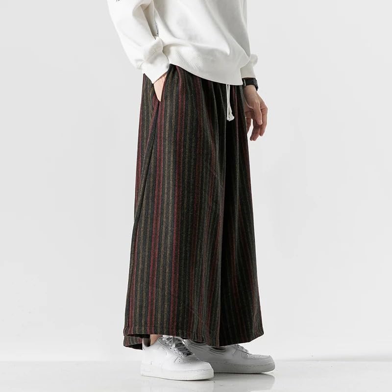 Japanese Autumn Winter Pants for Mens Warm Thicken Woolen Striped Casual Wide Leg Pants4
