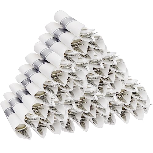 Supernal 60 Pack Pre-Rolled Silver Plastic Cutlery Heavy Duty Wrapped Silverware Disposable Premium Silver Plastic Silverware Forks and Spoons for Valentine's Day Mother's Day and Easter