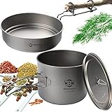 【SUPER STARK & ULTRLLIGHT】 Das Camping Titanium Cookware Set enthält einen 1600ml Topf und eine 500ml Pfanne.Gesamtgewicht 330.4 g, Durchmesser 15.5 cm, Höhe 12.3 cm. Kochtopf mit Pfanne ist tragbar,Die langen Griffe des Topfes und der Pfanne können zusammengeklappt werden, sind leicht zu tragen und zu verstauen,sodass sie nicht mehr Platz in einer Camp-Tasche beanspruchen.