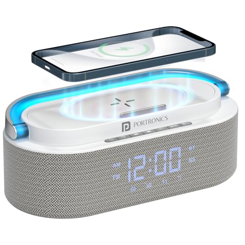 Image of Portronics String 16W HD Sound Bluetooth Speaker with 15W Wireless Charging, RGB LED Lights, Digital Clock with Alarm Setting, Built-in White Noise, USB /SD Card /AUX in, Type C Charging(White)