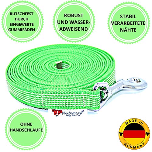 Twinkys Dog Style Schleppleine Hundeleine gummiert 20 mm breit für Hunde bis 50 kg - OHNE Handschlaufe 7,5 Meter Neon Grün Made IN Germany