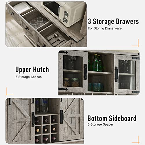 Okd Farmhouse Bar Cabinet With Sliding Barn Door, Kitchen Hutch Storage Cabinet W/Wine And Glass Rack, Drawers, Adjustable Shelves, Sideboard Buffet Pantry For Dining Room (Light Rustic Oak) #TOP4