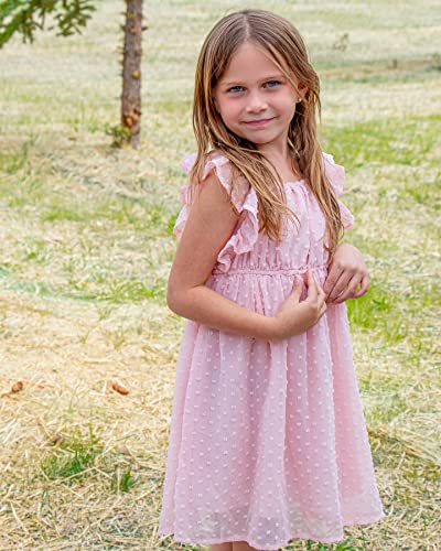 Flypigs Girls Summer Casual Dress Flutter Sleeve Swiss Dot Layered Flowy Hem A-Line Swing Midi Dress Light Pink #TOP7