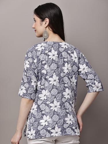Image of Women's Red Printed Short Kurti with Lace Trim, 3 /4 Sleeves, Round Neck, Ethnic Style