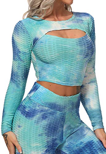 FITTOO Tops de Yoga Camiseta Deportivo para Correr Gimnasio para Mujer #4 Top Azul & Blanco S