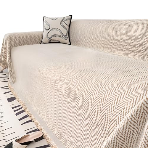 [Tumanld]チェニール ソファカバー ストライプ デザイン 猫よけ 全カバー おしゃれ 簡単設置 洗濯機可能 防塵 リビング ソファカバー 三人用 家族向け 薄茶色 measurement_36_point_0_centimeters