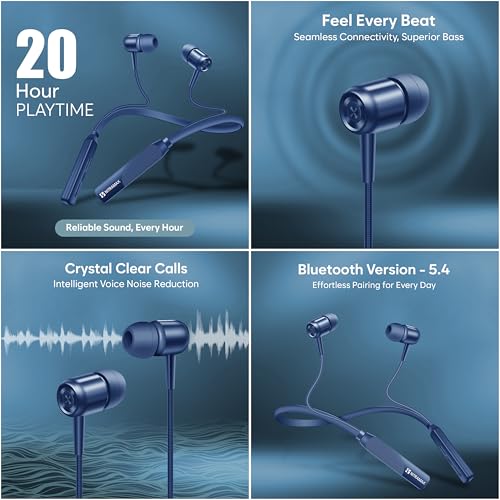 Image of Bluetooth Neckband Earphones, Blue, 20 Hour Playtime, Superior Bass, Bluetooth 5.4, Noise Reduction